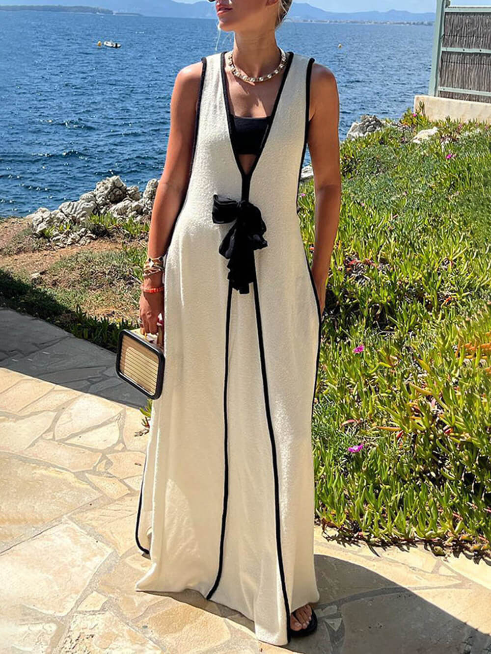 Contrast Color Self-Tie Flowy Oversized Maxi Dress - Fashionpara