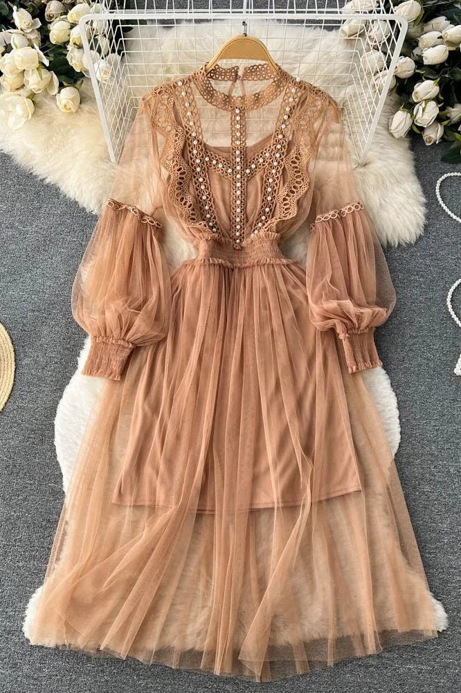 Romantic Lace Beading Party Dress Elegant Lantern Sleeve Gothic Long Dress Two Piece Set