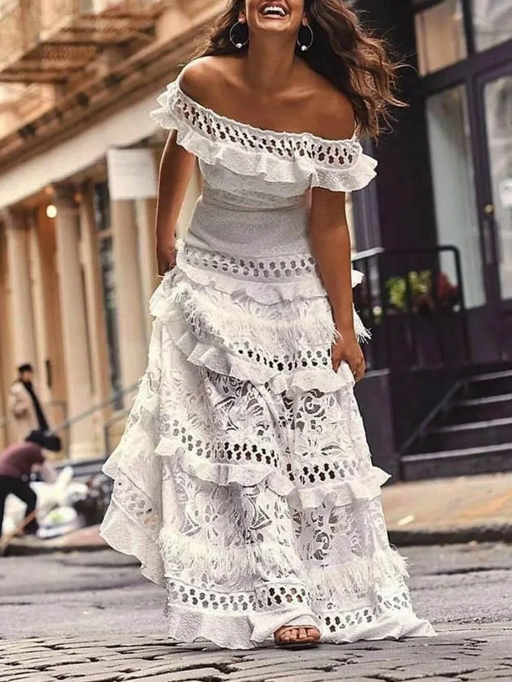 One-Shoulder Ruffled Hollow Swing Lace Patchwork Long Dress - Fashionpara