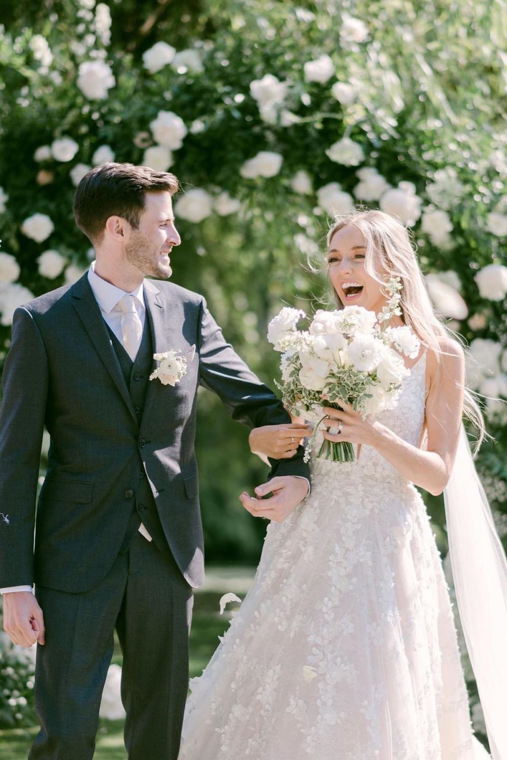 Gorgeous A Line V Neck White Long Bridal Dress with Appliques - Fashionpara
