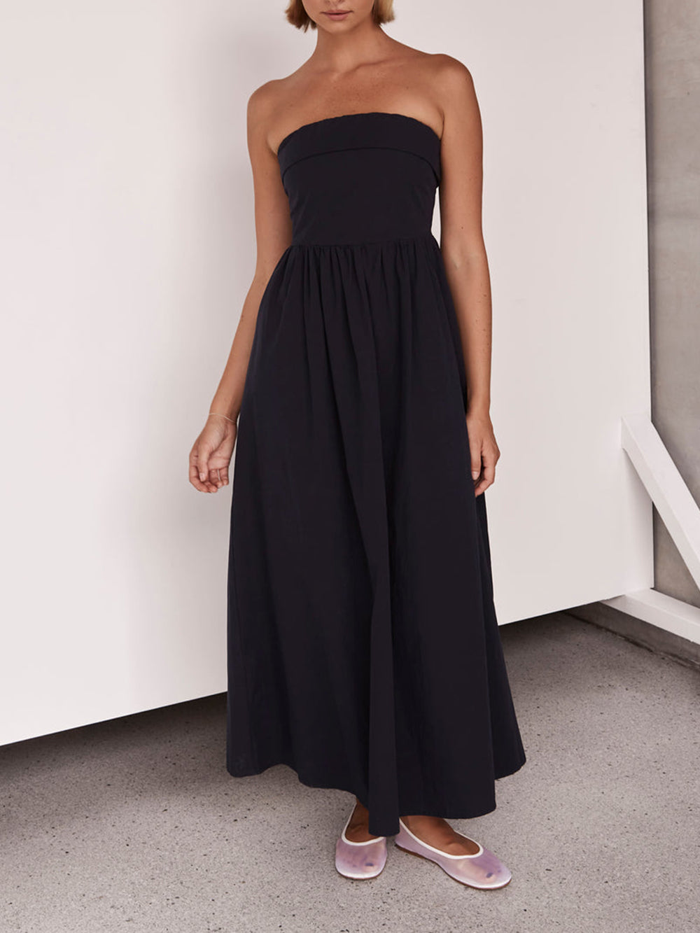 Cotton Strapless Gathered-Skirt A-Line Maxi Dress