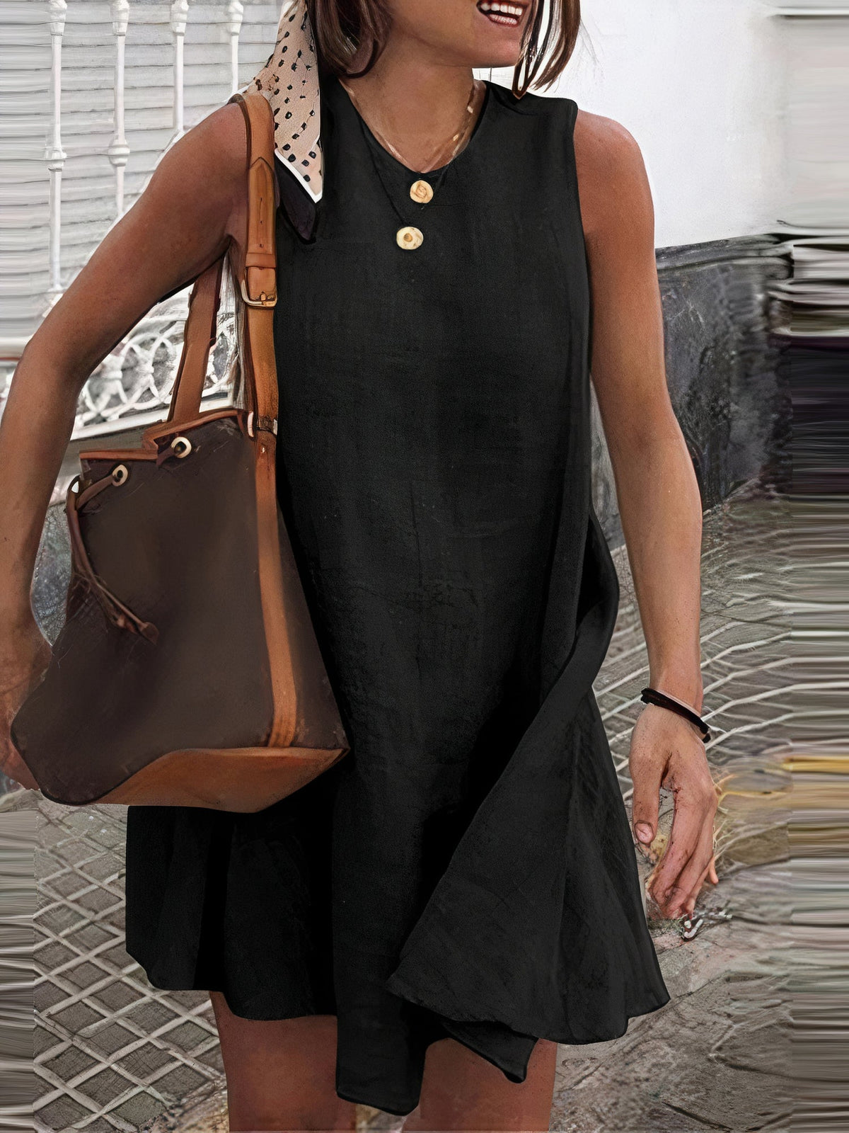 Sleeveless Round Neck Textured Woven Shift Mini Summer Dress - View 4