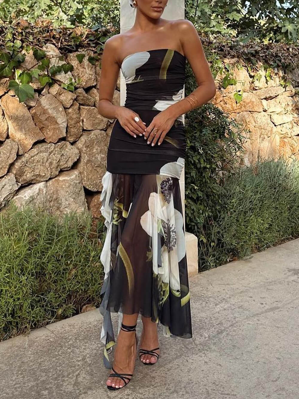 Mesh Overlay Floral Print Off Shoulder Ruched Ruffles Stretch Midi Dress - Fashionpara