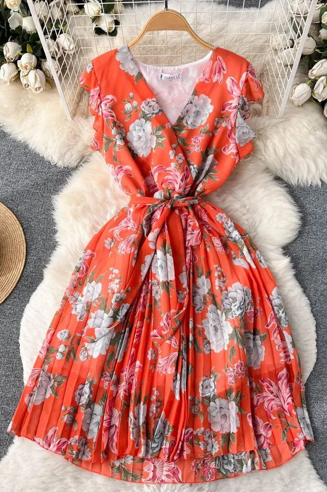 Romantic Chiffon Party Dress Elegant Bandage Floral Print Dress