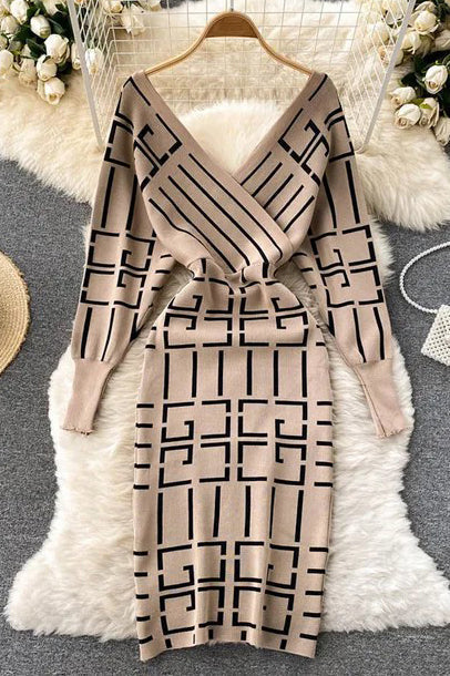 V-neck Geometric Bodycon Sweater Dress for Stylish Comfort