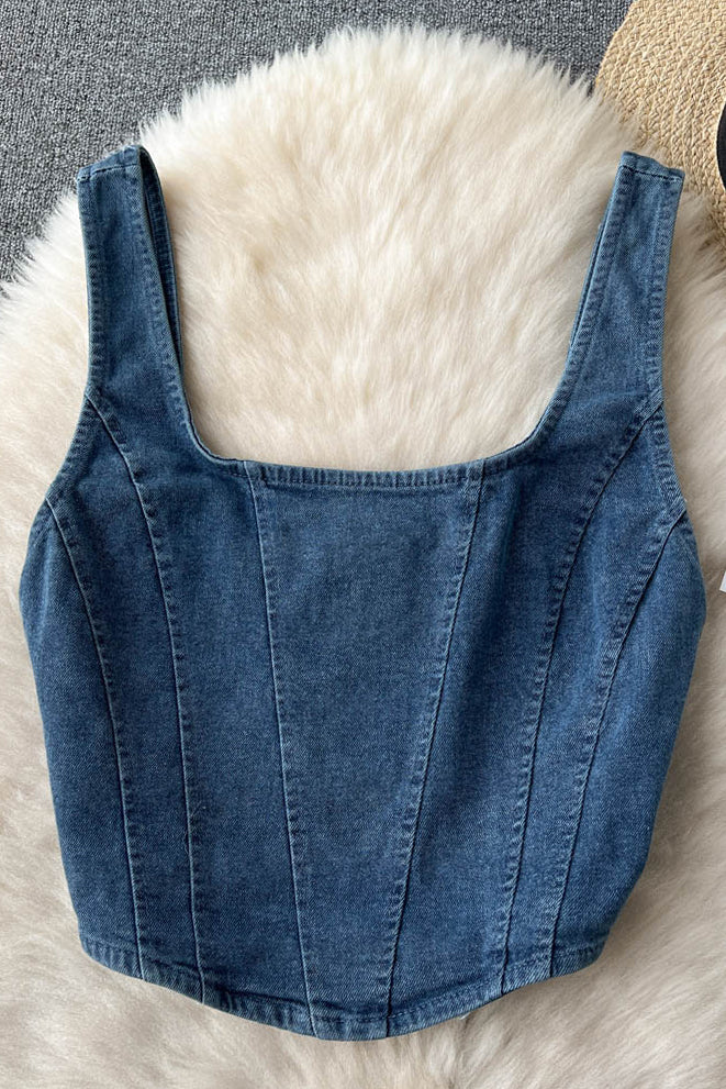 Denim Design Camisole Square Neck Zipper High Street Ladies Tank Top