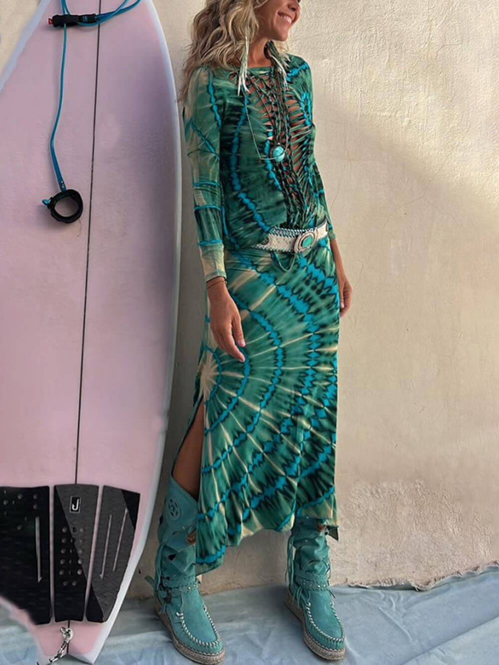 Tie-Dye Print High Rise Stretch Slit Skirt - Fashionpara