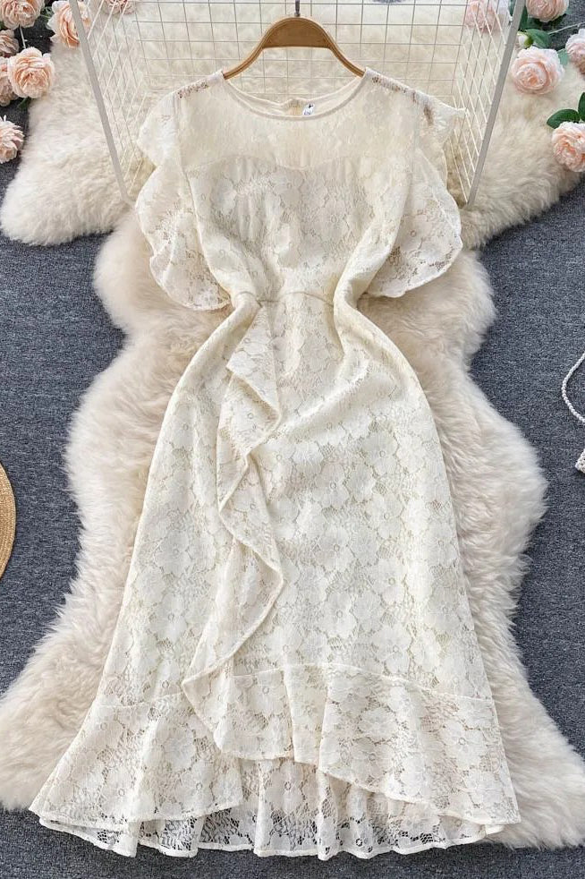 Romantic Lace Embroidery Party Dress Elegant High Waist Ruffles Bodycon Dress