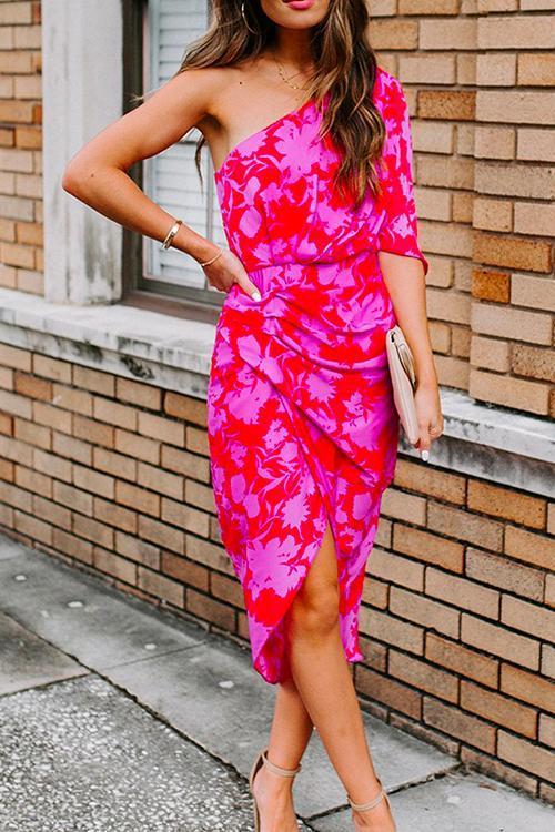 Casual One Shoulder Printed Tulip Hem Dress - Fashionpara