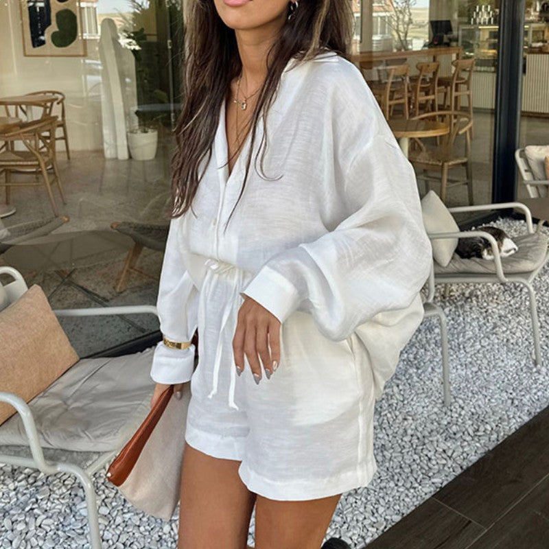 Simple Vacation Style White Two -piece Suit - Fashionpara