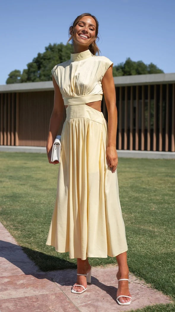 Mock Neck Cap Sleeve Waist Cut-Out A-Line Midi Dress