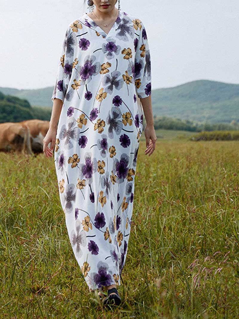 Floral Print V-Neck Half Sleeve Kaftan Maxi Dress