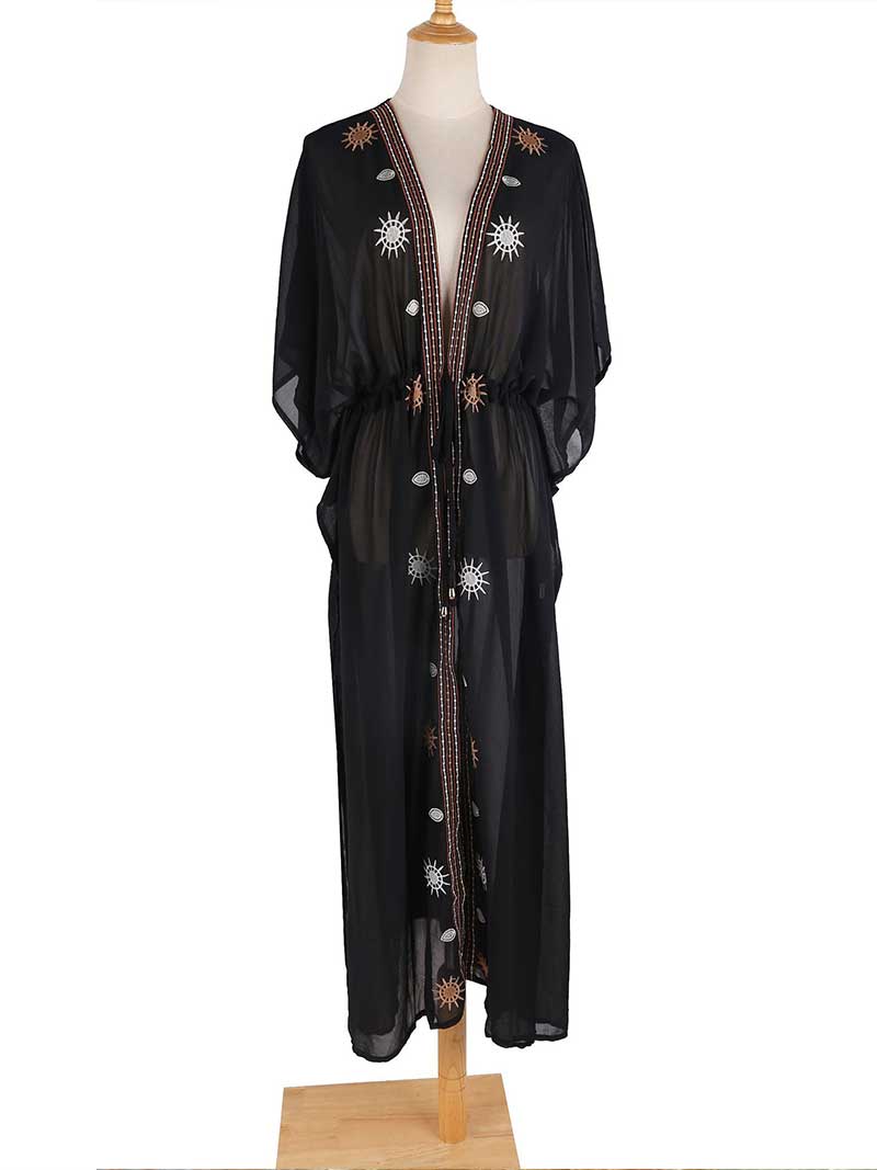 Partywear Embroidered Black Color Chiffon Long Length Gown Kimono Duster Robe - Fashionpara