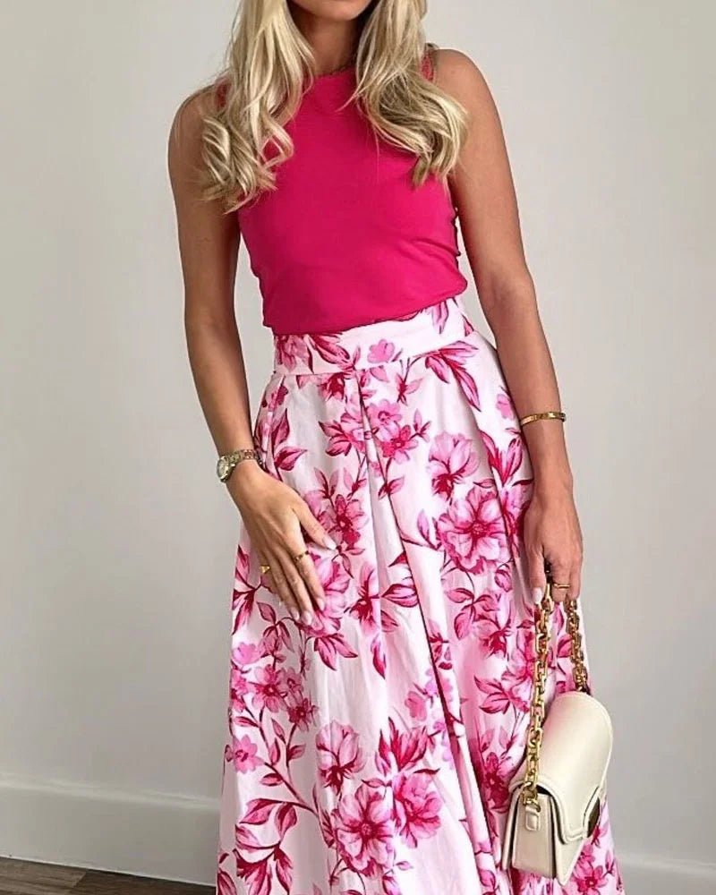 Elegant Tank Top & Printed Skirt Two-Piece Set - Fashionpara
