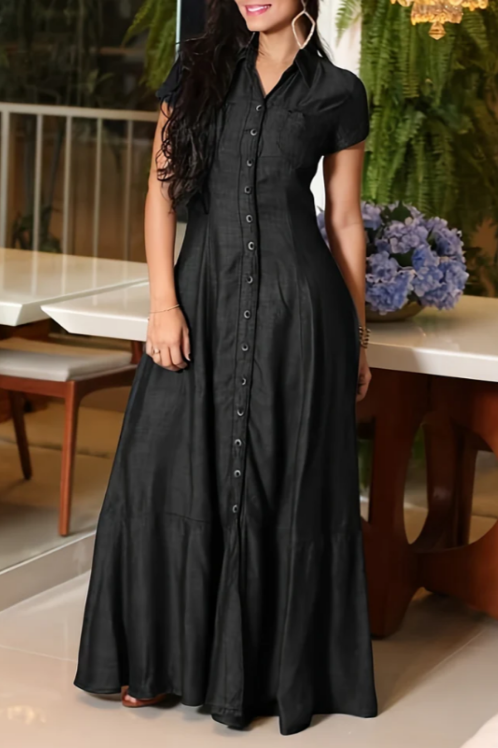 Collared Button Front Short Sleeve Denim Maxi Shirt Dress 2