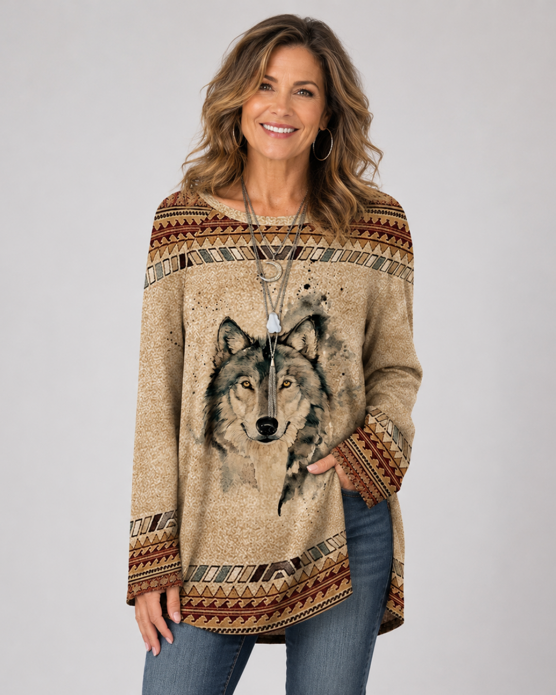 Aztec Print Feather Graphic Round Neck Long Sleeve Tunic Top 2