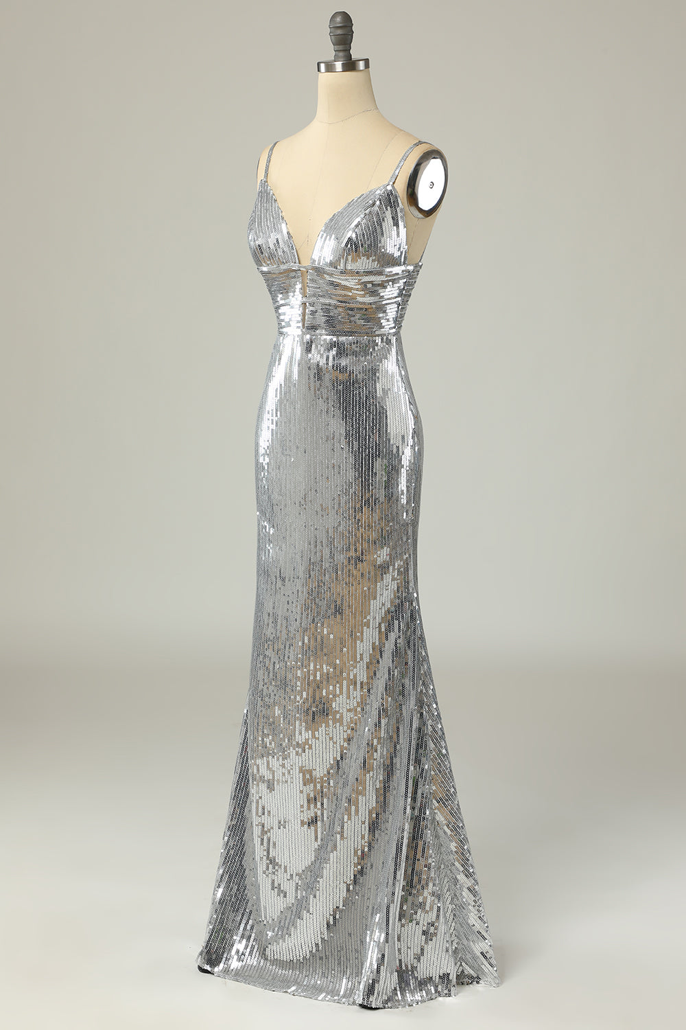 Mermaid Spaghetti Straps Silver Sequins Long Prom Dress Backless - Fashionpara