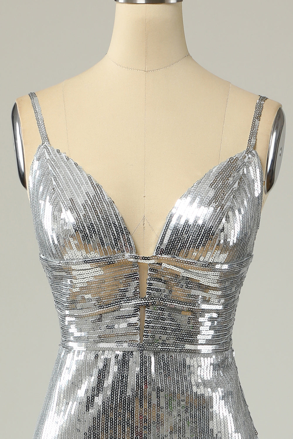 Mermaid Spaghetti Straps Silver Sequins Long Prom Dress Backless - Fashionpara