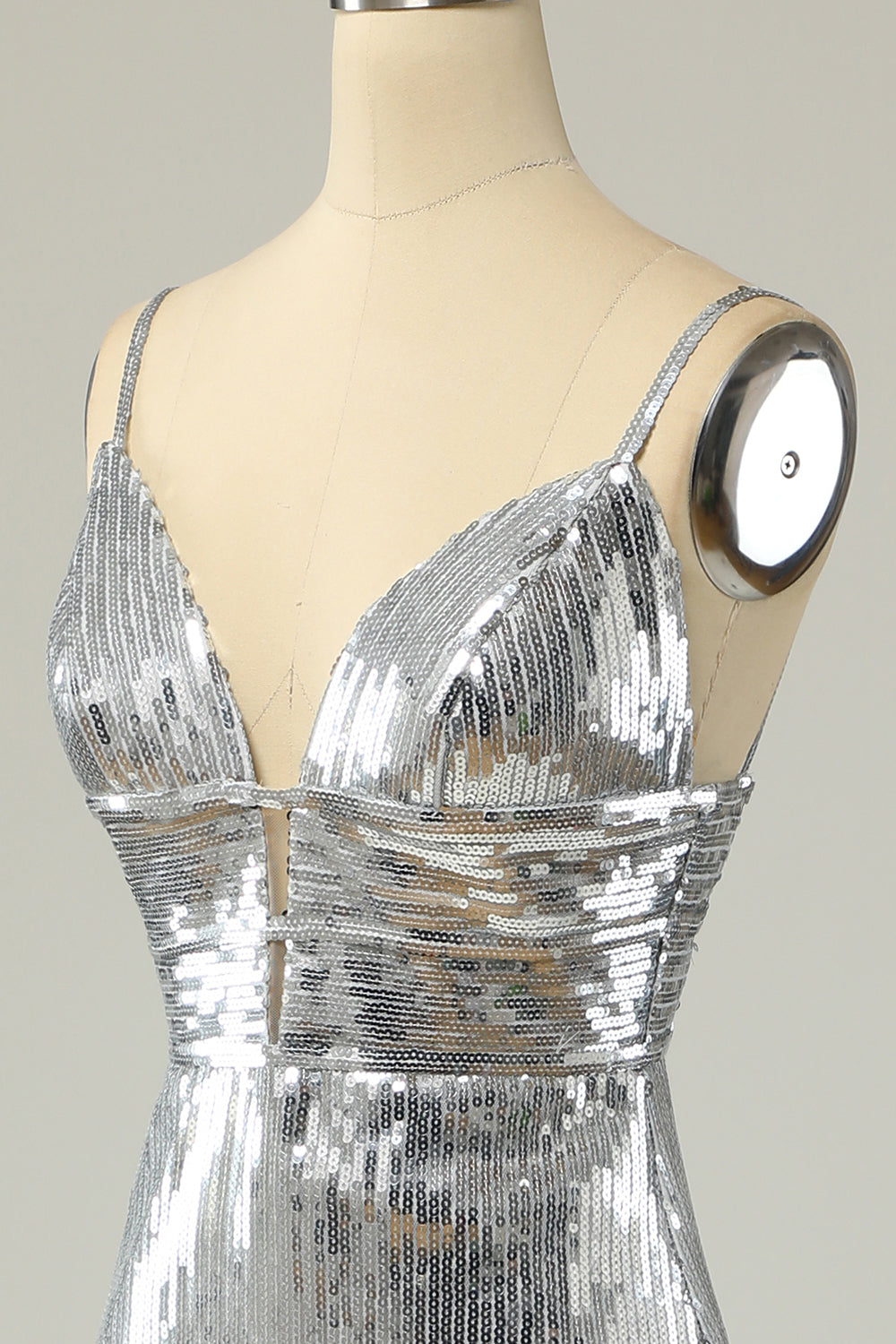Mermaid Spaghetti Straps Silver Sequins Long Prom Dress Backless - Fashionpara