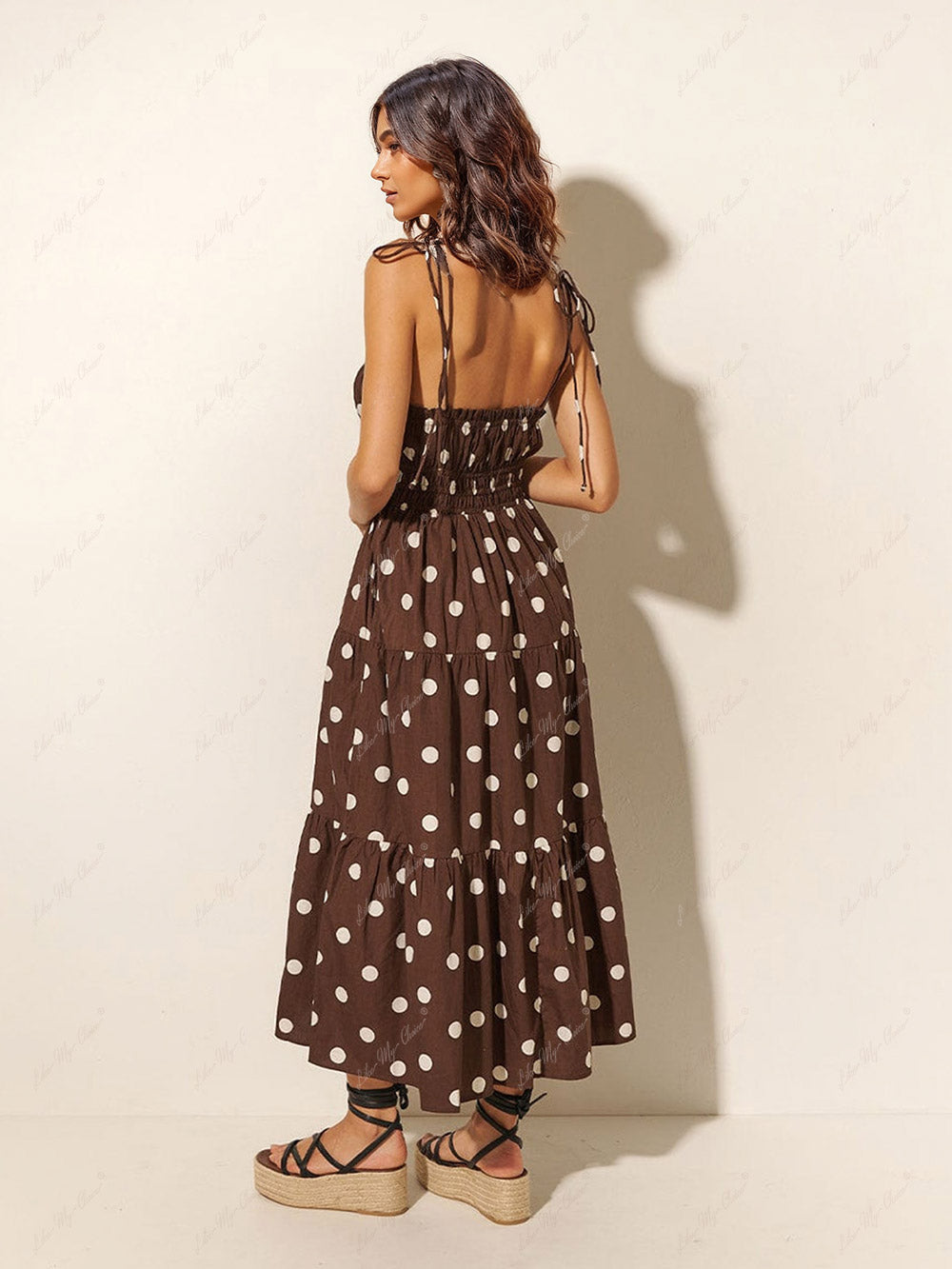 Chocolate And Ivory Polka Dot Trendy Print Pleated Elastic Strap Dress