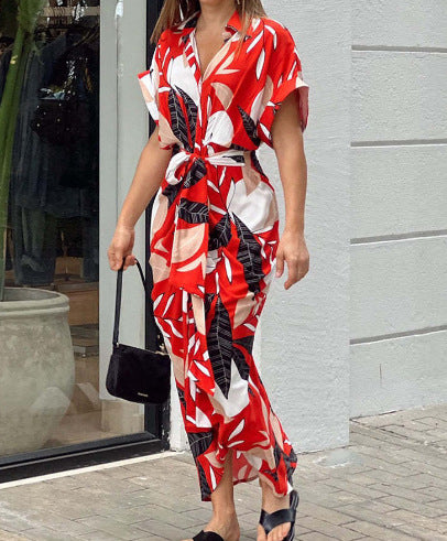 Abstract-Print Collared Tie-Waist Shirt Midi Dress