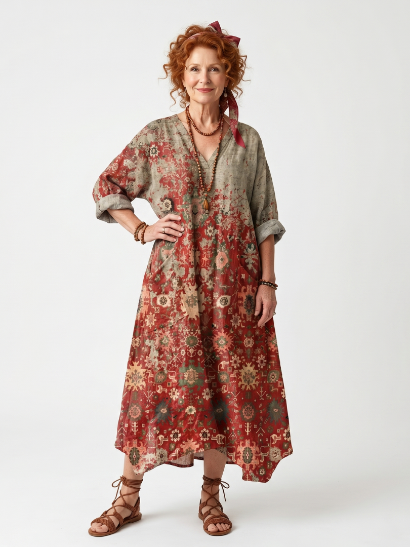 Tapestry Print V-Neck Rolled Sleeve Relaxed Midi Dress