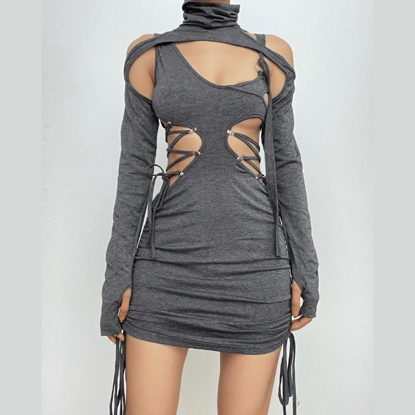 Lace up hollow out turtle neck irregular drawstring shrug mini dress
