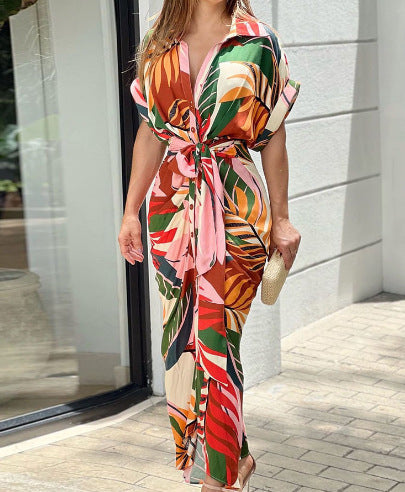 Tropical Print Collared Belted Shirt Maxi Dress