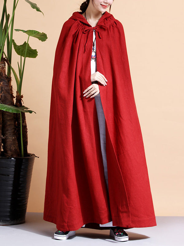 Solid Color Hooded Linen Cape Coat 3