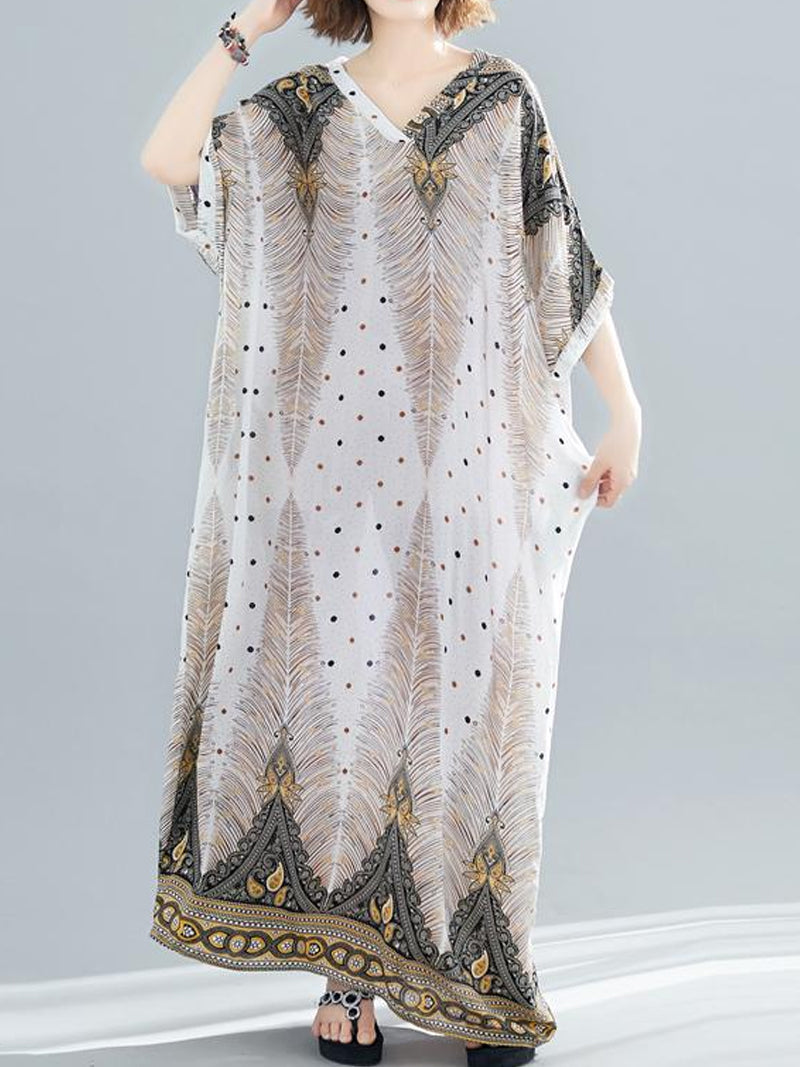 Feather Print V-Neck Batwing Kaftan Maxi Dress