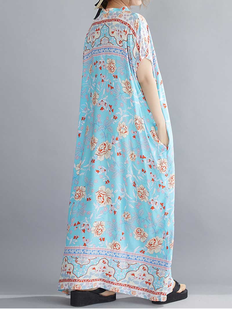 Floral Print V-Neck Short Sleeve Kaftan Maxi Dress 2