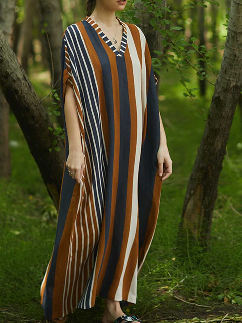Stripes Print Multicolor Half Sleeves Kaftan Dress - Fashionpara