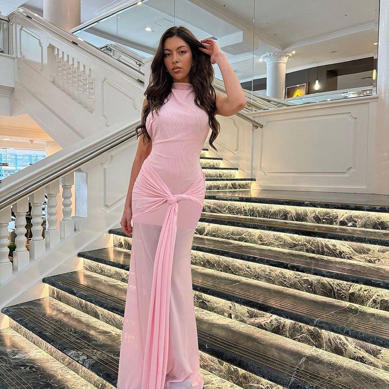 High Neck Sleeveless Ruched Draped Column Maxi Dress 2