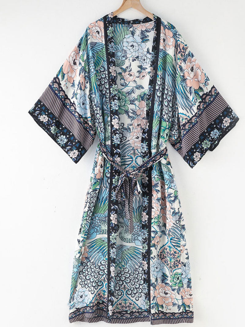 Beachwear Cotton Long Length Floral With Birds Print Blue, White & Green Color Gown Kimono Duster Robe - Fashionpara