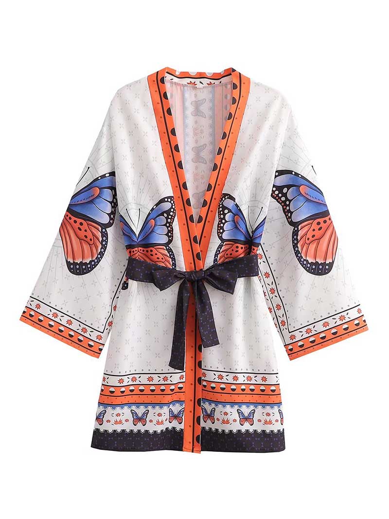 Summer Wear Cardigan Jacket Style Short Kimono With Butterfly Print Gown Robe