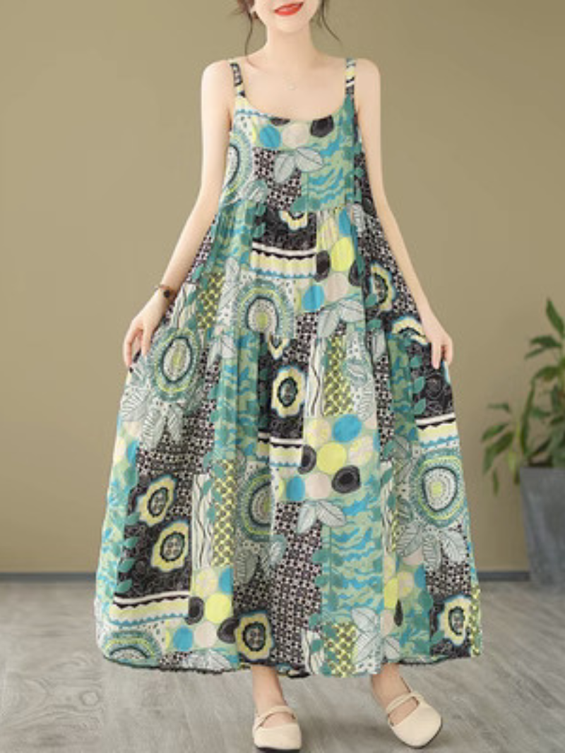 Abstract Print Strappy Sleeveless Tiered A-Line Maxi Dress