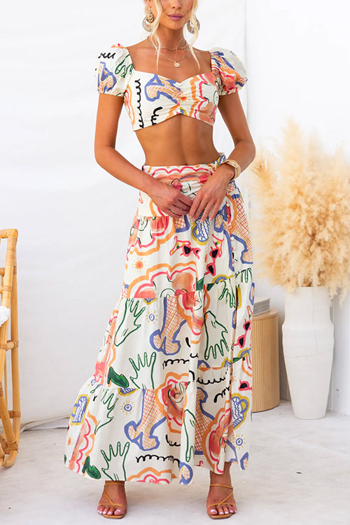 Abstract Print Short Sleeves Crop Top and Slit Ruffle Maxi Skirt Set - Fashionpara