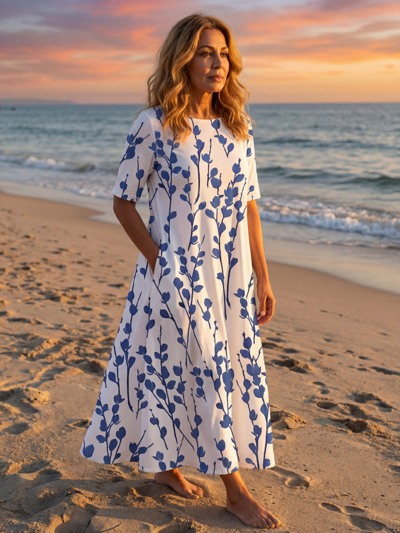 Floral Print Round Neck Short Sleeve Pocket Maxi Dress