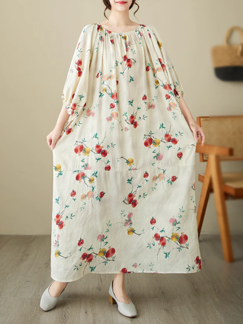 Fruit Print Boat-Neck Batwing Cocoon Maxi Dress