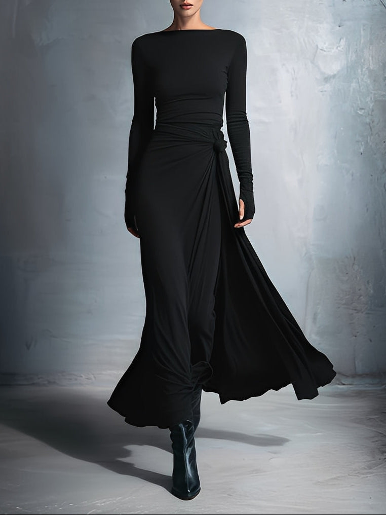 Boat Neck Long Sleeve Ruched Twist Maxi Dress 5