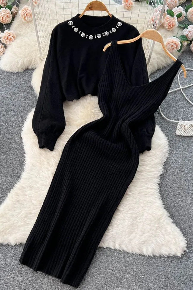Elegant Pearl Knitted Sweater and Strap Dress Two Piece Set