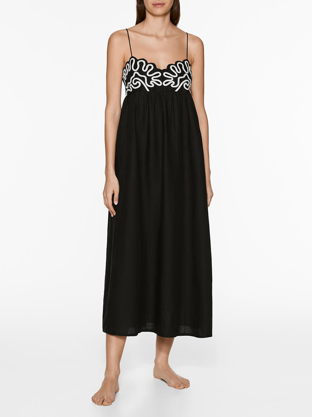 Classic Linen Floral Patchwork Suspender Midi Dress - Fashionpara