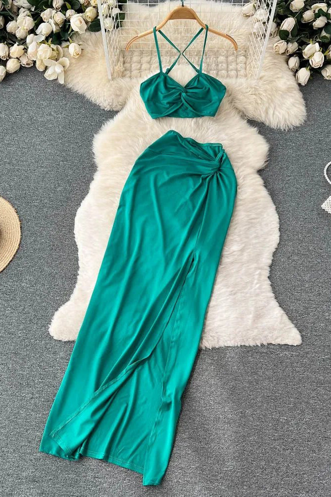 Set Beach Sexy Cami Tops + High Split Long Skirts Two Piece Suits