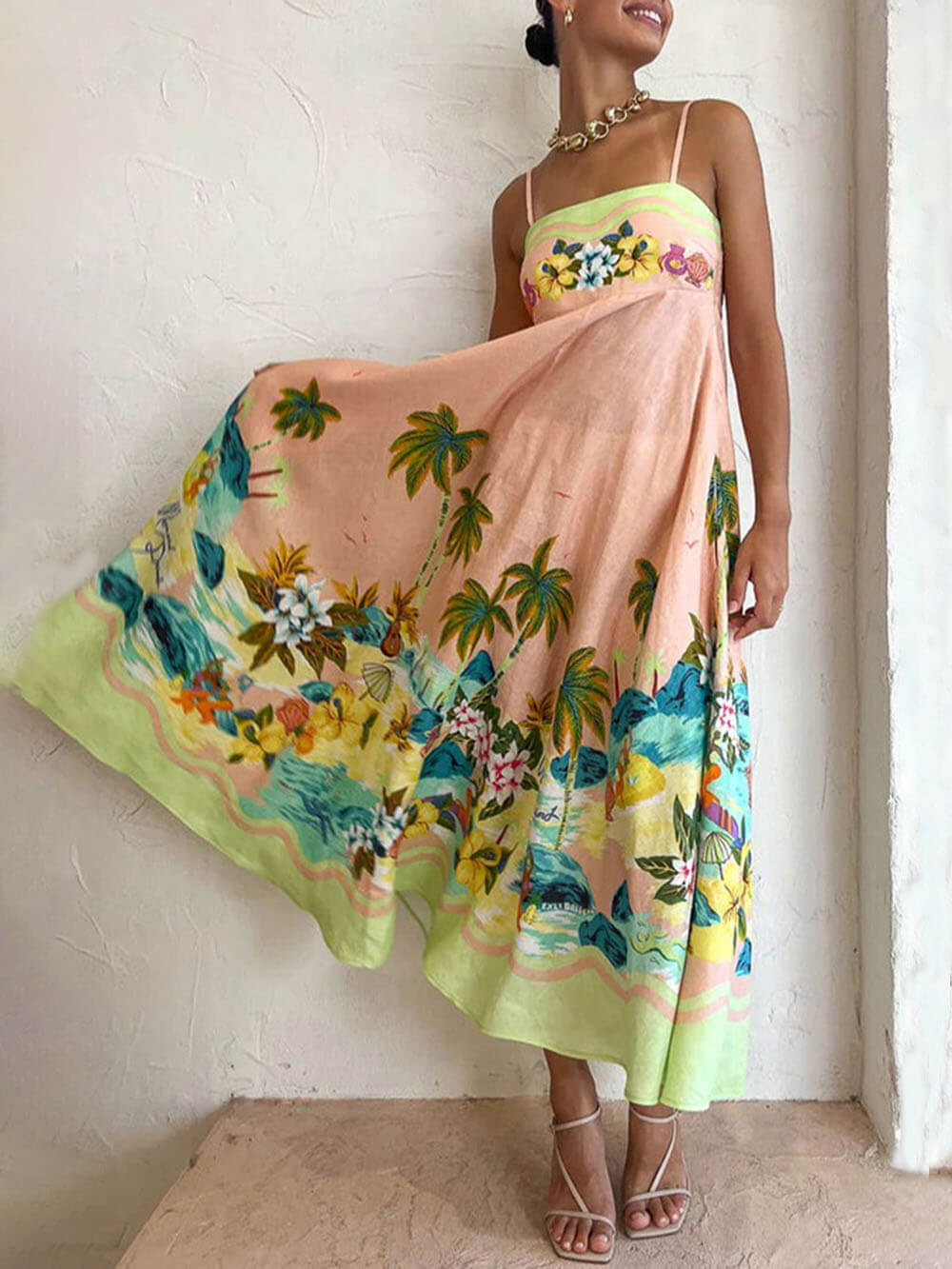 Tropical Print Spaghetti-Strap A-Line Midi Dress 2