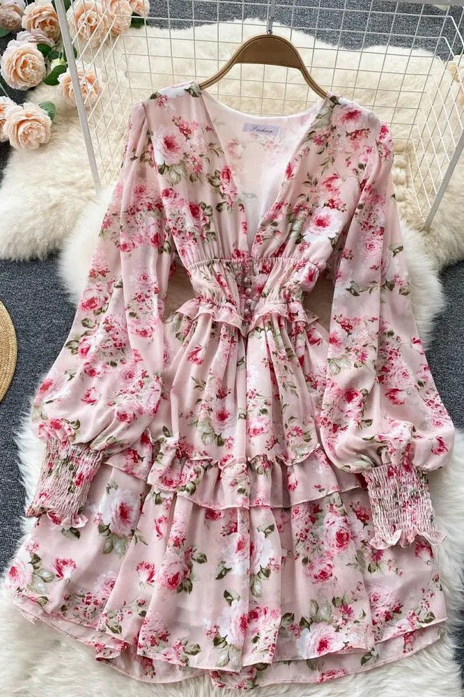 V-neck Buttons Corset Floral Print Short Chiffon Dress