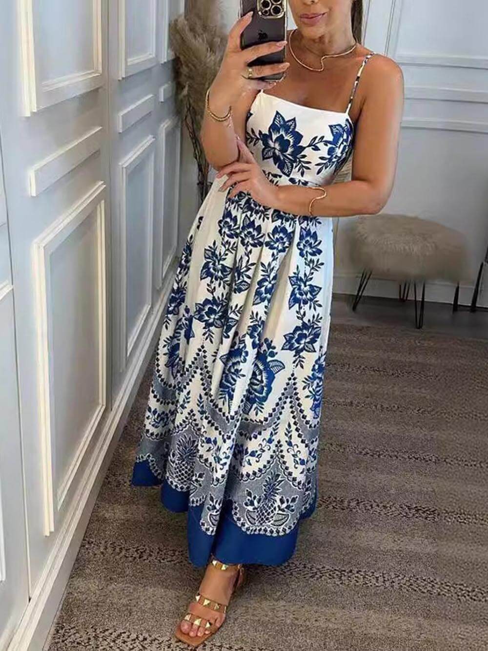 Floral Print Square Neck Sleeveless Pleated Maxi Dress