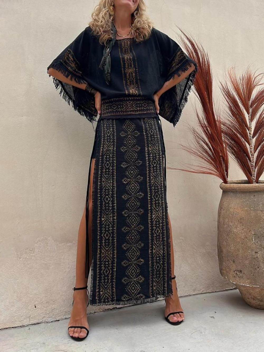 Ethnic Print Patchwork Side Lace-Up Maxi Skirt - Fashionpara