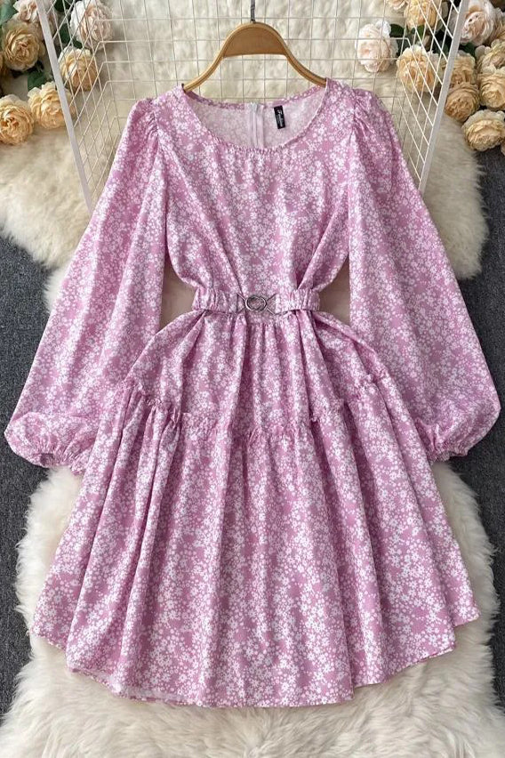 Elegant Lantern Sleeve Print Floral Casual A-line With Belt