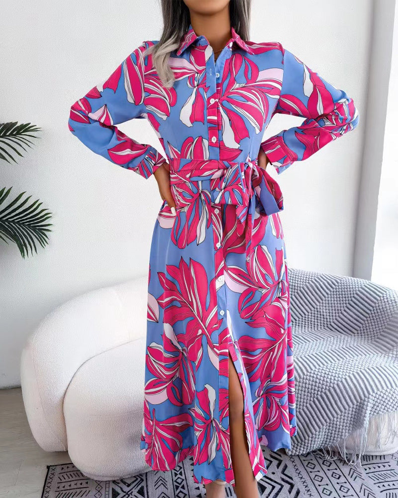 Floral Print Lapel Shirt Dress with Contrast 6