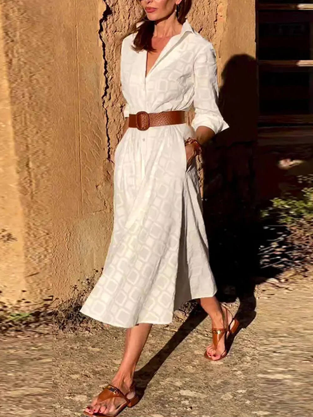 Check Print Belt Button Pocket Long Sleeve Midi Dress - Fashionpara